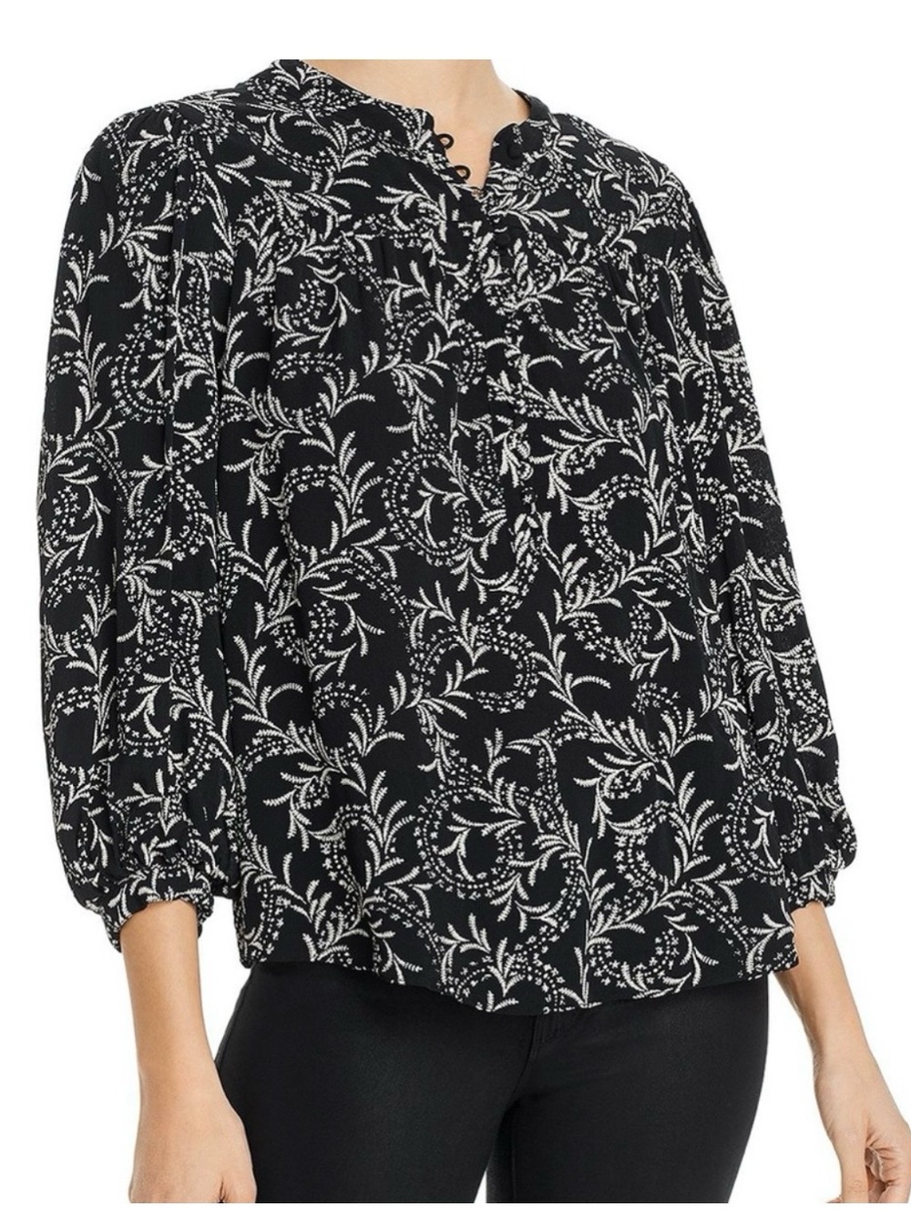 Joie Maleah Cotton Blend Black White Floral Vine Print V-Neck Pleated Blouse XS - Picture 3 of 15